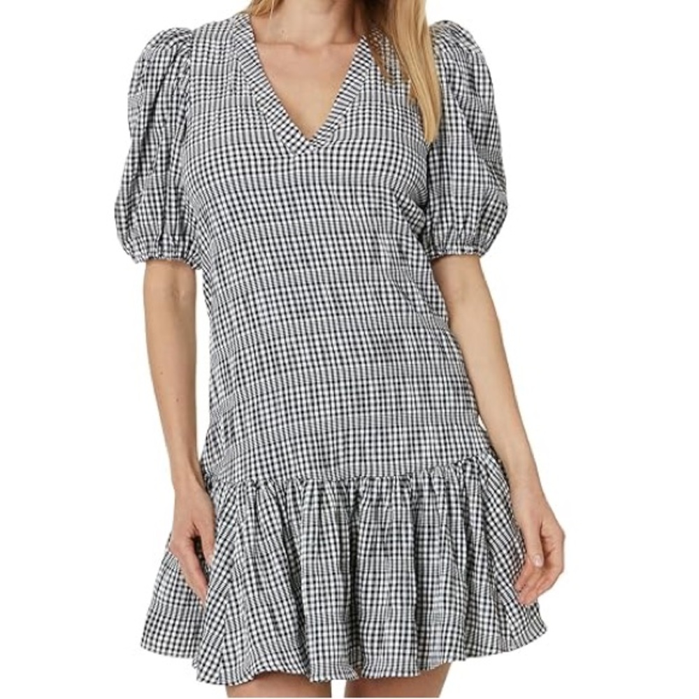 Calvin Klein Size 8 Gingham Black and White Drop Waist Mini Dress Puff Sleeves